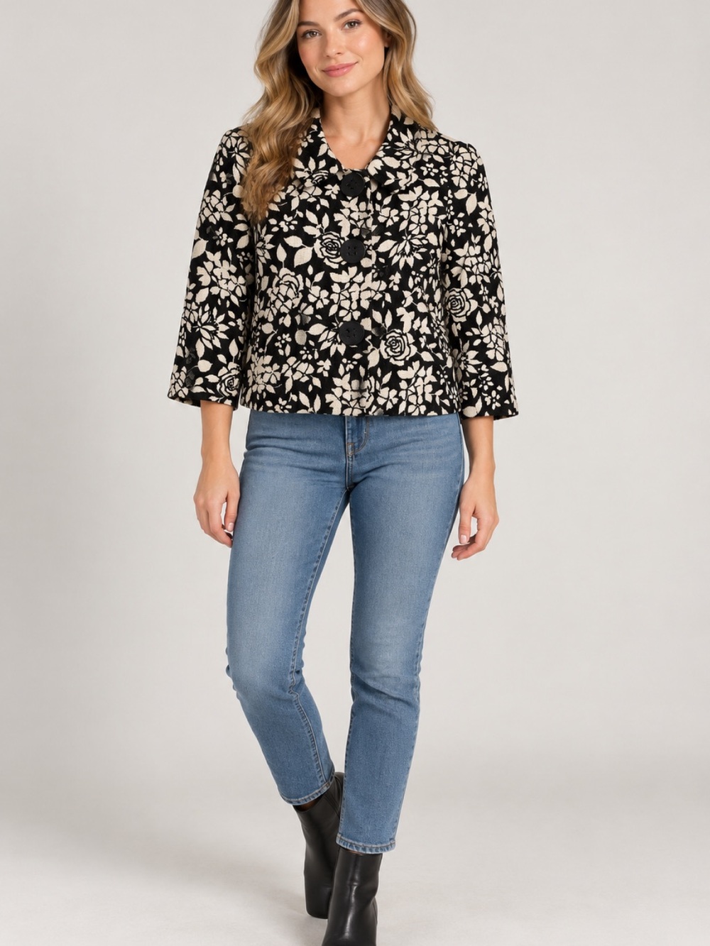 Style & Co. Black Floral Cropped Jacket Size S Dressy Statement Jacket